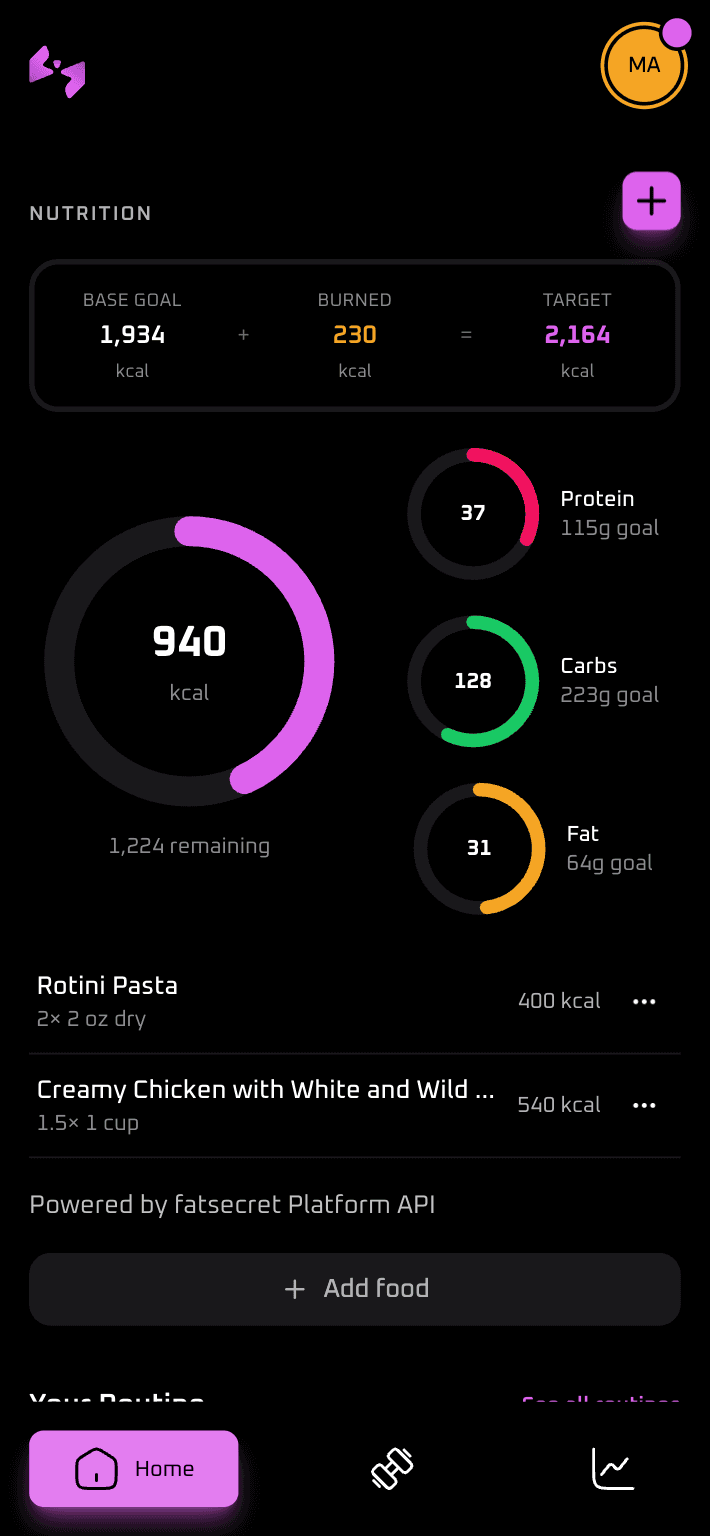 App interface showing calorie and macro tracking
