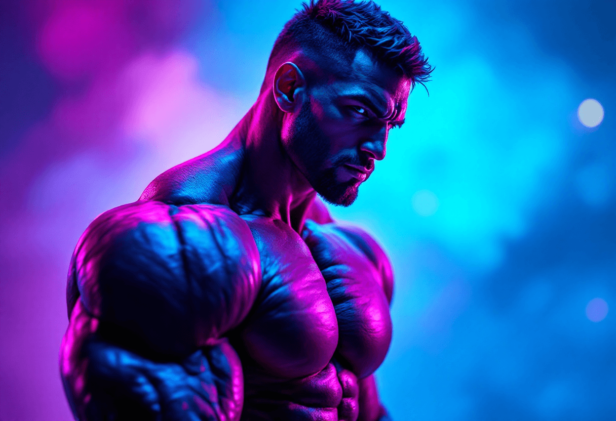 Muscular man in a dramatic purple neon light